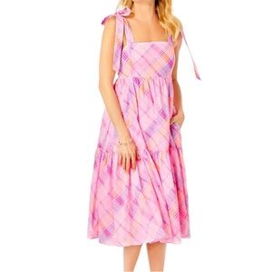 Lilly Pulitzer Anlee Cotton Midi Dress Pink Isle Madras Plaid Size 2